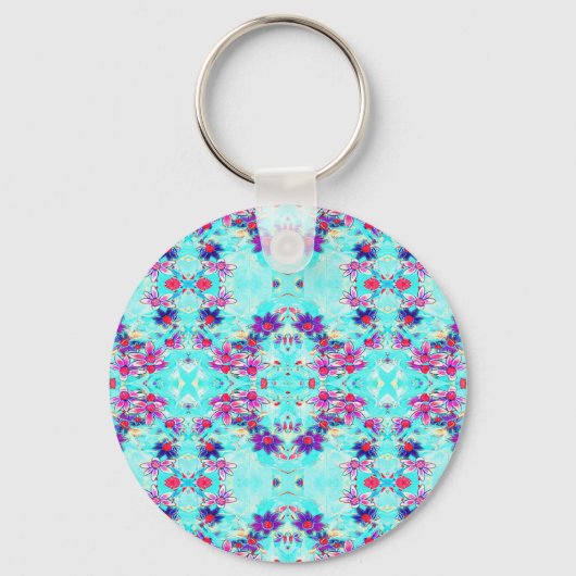 Kute Girly Paars Flower Pattern op Aqua Blue Sleutelhanger (Voorkant)