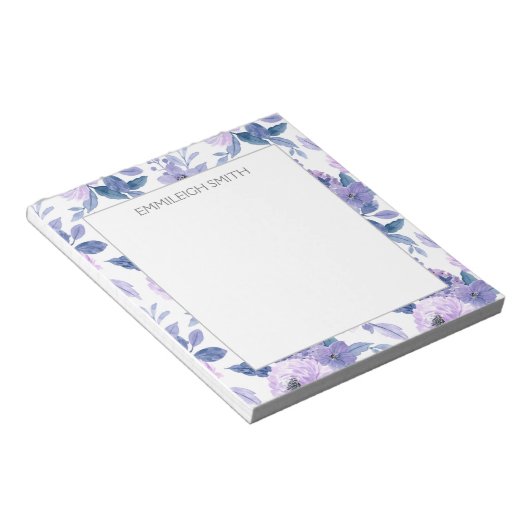 Kute Girly Paarse Waterverf Flowers Leaves Notitieblok (Schuin)