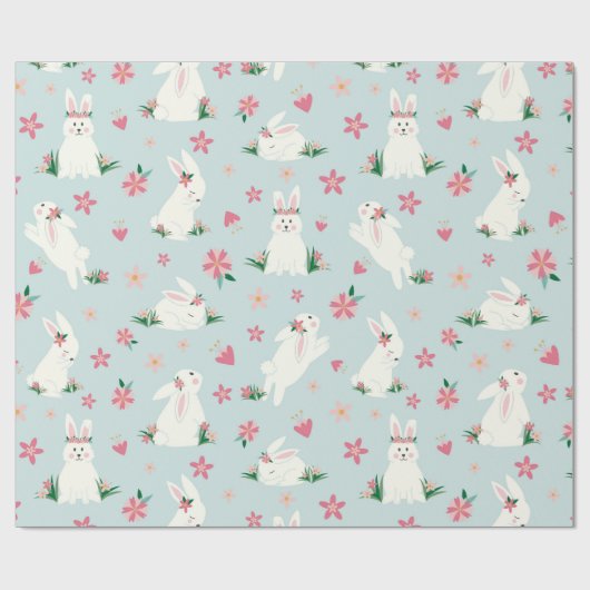 Kute Girly Paaster Bunny Modern Pink Floral Cadeaupapier (Vlak)