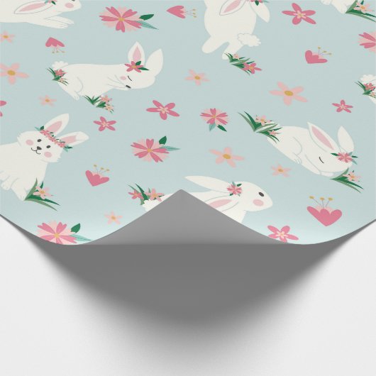 Kute Girly Paaster Bunny Modern Pink Floral Cadeaupapier (Hoek)