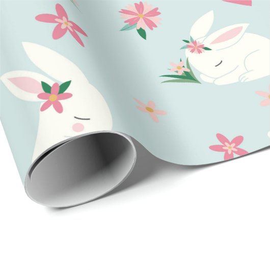 Kute Girly Paaster Bunny Modern Pink Floral Cadeaupapier (Rol Hoek)