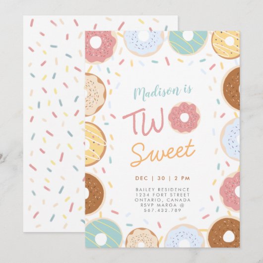 Kute Girly Pastel Donut Two Sweet Second Birthday Kaart (Voorkant / Achterkant)