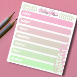 Kute Girly Pastel Pink and Green Weekly Planner Notitieblok<br><div class="desc">Hier is een gepersonaliseerd notitieblok dat je zal helpen je belangrijkste wekelijkse taken te onthouden. Elke dag van de week wordt vertegenwoordigd door een verschillende pastelroze en groene blanco gebieden, die met minimalistische bladtakken van dezelfde kleur worden versierd, en de jouw naam verschijnt bovenaan. De tekst kan volledig worden aangepast....</div>