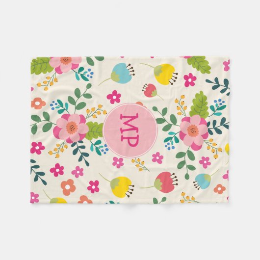 Kute Girly Pastel Spring Flower Pattern + Monogram Fleece Deken (Voorkant (Horizontaal))