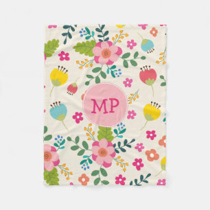 Kute Girly Pastel Spring Flower Pattern + Monogram Fleece Deken