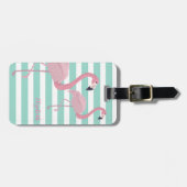 Kute Girly Pink Flamingos op mint White Stripes Bagagelabel (Voorkant horizontaal)