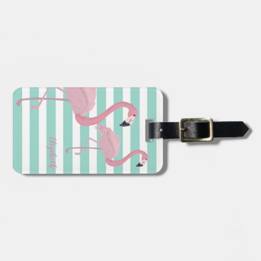 Kute Girly Pink Flamingos op mint White Stripes Bagagelabel (Voorkant horizontaal)