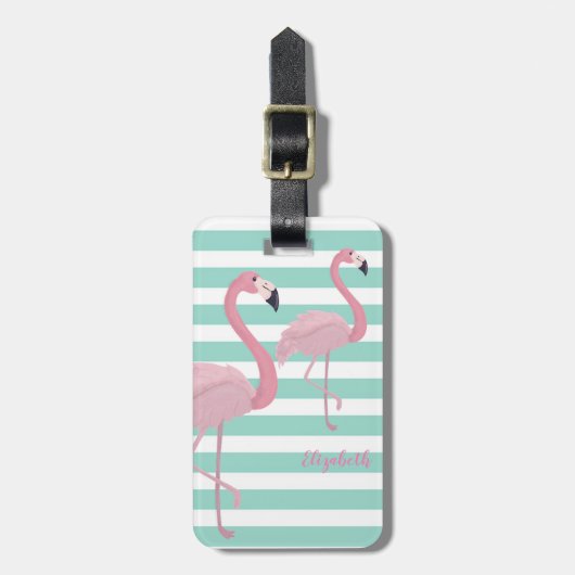 Kute Girly Pink Flamingos op mint White Stripes Bagagelabel (Voorkant verticaal)