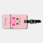 Kute Girly Pink Owl on Branch for Girls Bagagelabel (Voorkant horizontaal)