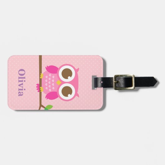 Kute Girly Pink Owl on Branch for Girls Bagagelabel (Voorkant horizontaal)