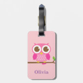 Kute Girly Pink Owl on Branch for Girls Bagagelabel (Achterkant verticaal)