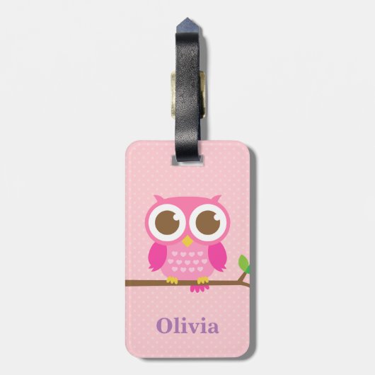 Kute Girly Pink Owl on Branch for Girls Bagagelabel (Achterkant verticaal)