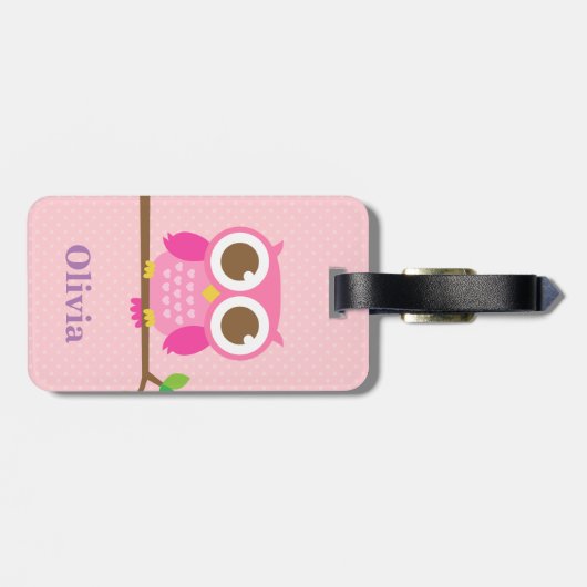 Kute Girly Pink Owl on Branch for Girls Bagagelabel (Achterkant horizontaal)