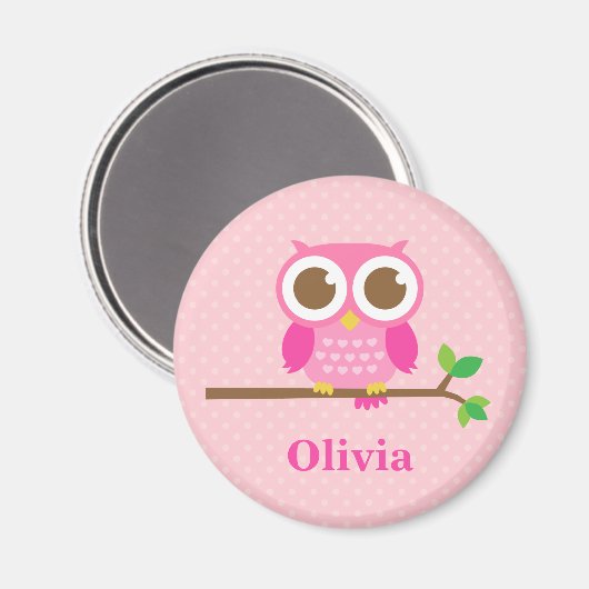 Kute Girly Pink Owl on Branch for Girls Magneet (Voorkant / Achterkant)
