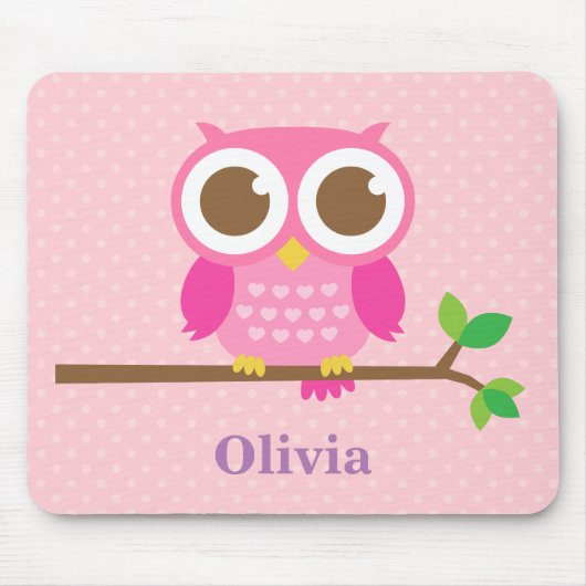 Kute Girly Pink Owl on Branch for Girls Muismat (Voorkant)