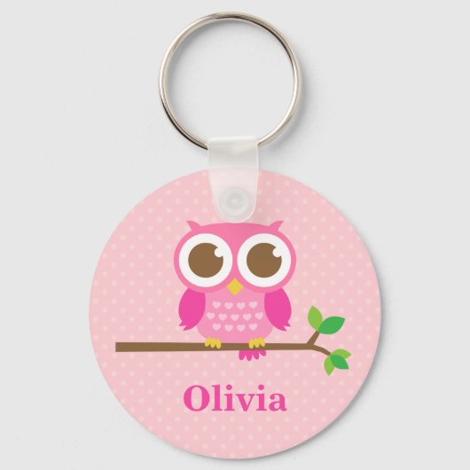 Kute Girly Pink Owl on Branch for Girls Sleutelhanger (Voorkant)