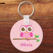 Kute Girly Pink Owl on Branch for Girls Sleutelhanger (Voorkant)