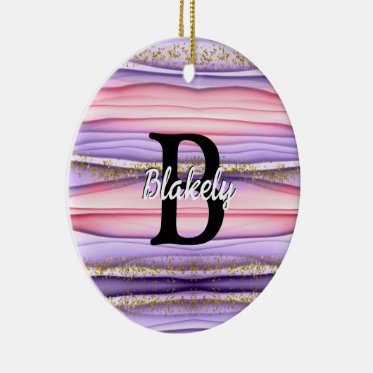 Kute Girly Pink & Paarse Monogram Glitter Sparkle Keramisch Ornament (Rechts)