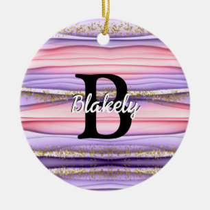Kute Girly Pink & Paarse Monogram Glitter Sparkle Keramisch Ornament