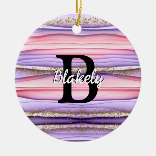Kute Girly Pink & Paarse Monogram Glitter Sparkle Keramisch Ornament (Voorkant)