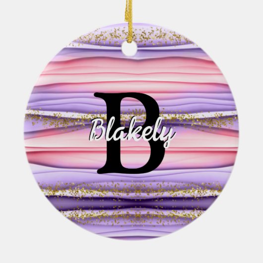 Kute Girly Pink & Paarse Monogram Glitter Sparkle Keramisch Ornament (Achterkant)