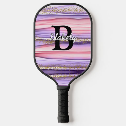 Kute Girly Pink & Paarse Monogram Glitter Sparkle Pickleball Paddle (Voorkant)