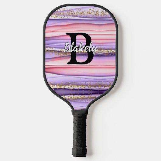 Kute Girly Pink & Paarse Monogram Glitter Sparkle Pickleball Paddle (Achterkant)