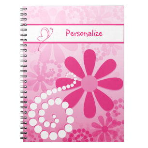 Kute Girly Pink Retro Flowers met naam Notitieboek