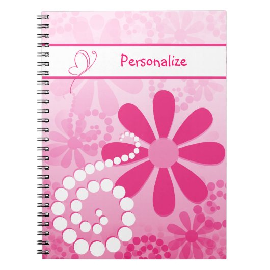 Kute Girly Pink Retro Flowers met naam Notitieboek (Voorkant)