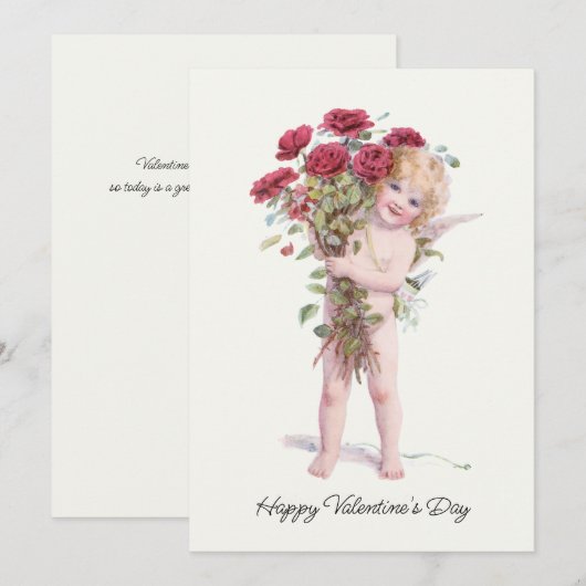 Kute glimlach  Valentijn Cupid met Rozen Feestdagenkaart (Voorkant / Achterkant)