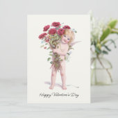 Kute glimlach  Valentijn Cupid met Rozen Feestdagenkaart (Staand voorkant)