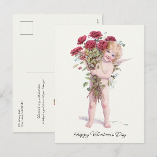 Kute glimlach Valentijn Cupid met Rozen Feestdagenkaart (Voorkant / Achterkant)