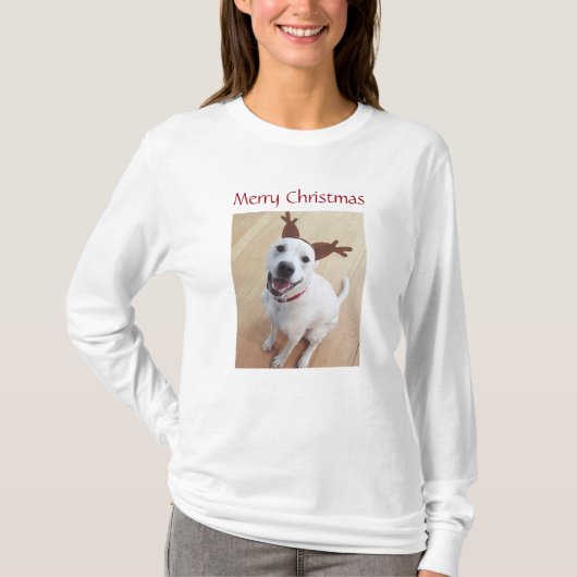 Kute glimlach White Reindeer Dog Kerstmis T-shirt (Voorkant)