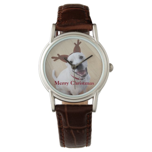 Kute glimlach White Reindeer Puppy Dog Kerstmis Horloge (Voorkant)