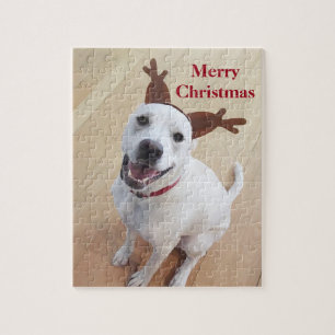 Kute glimlach White Reindeer Puppy Dog Kerstmis Legpuzzel