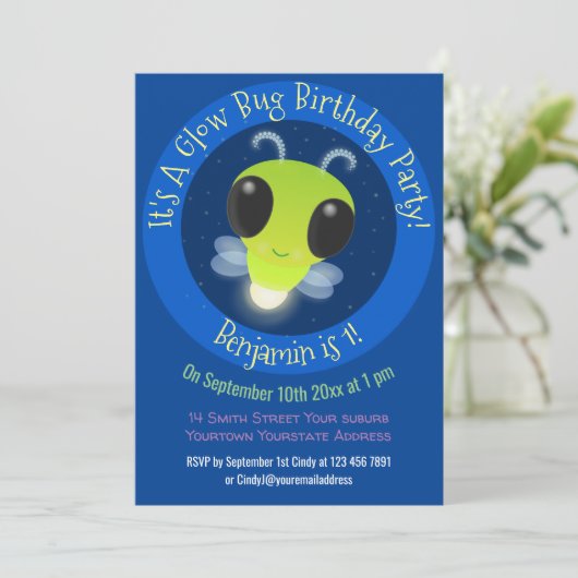 Kute gloed bug firefly cartoon illustratie kaart (Staand voorkant)