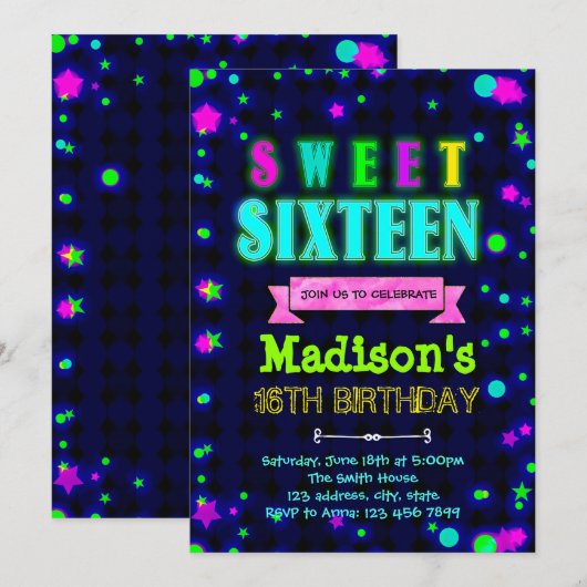 Kute gloed uitnodiging voor 16-jarig feest (Voorkant / Achterkant)