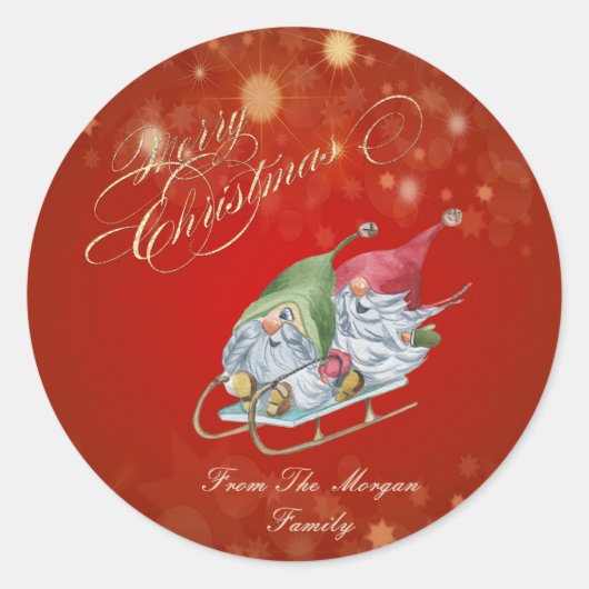 Kute Gnomes Sleigh Kerstmis Ronde Sticker (Voorkant)