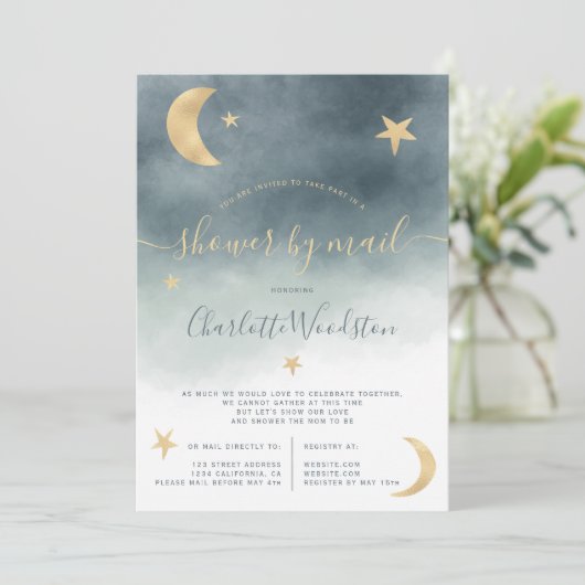 Kute gouden maansterren blauw baby shower per post kaart (Staand voorkant)