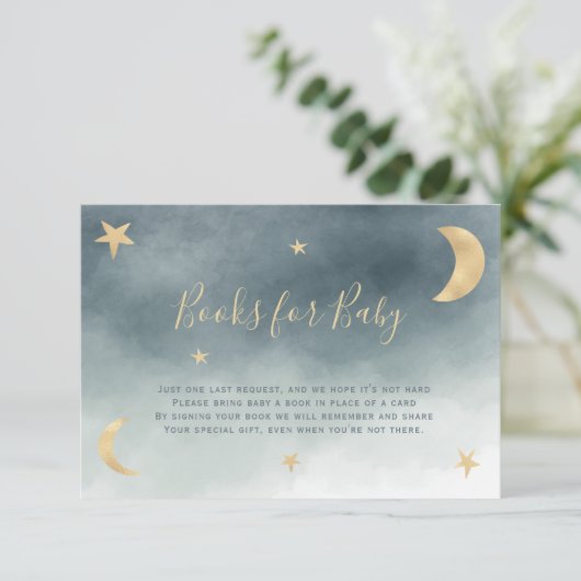 Kute gouden maansterren blauw brengt een boek baby informatiekaartje (Staand voorkant)