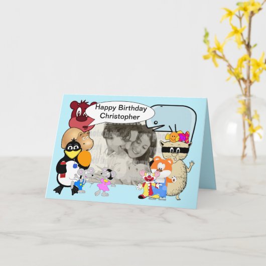 Kute grappige cartoons op blauw kaart (Gele Bloem)