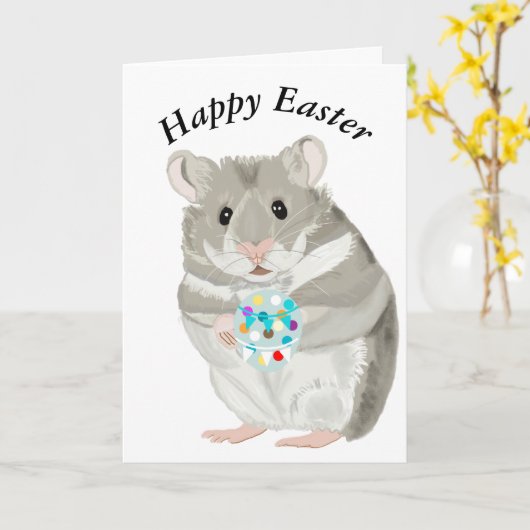 Kute Gray Hamster die een paasegel bewerkbaar houd Kaart (Gele Bloem)