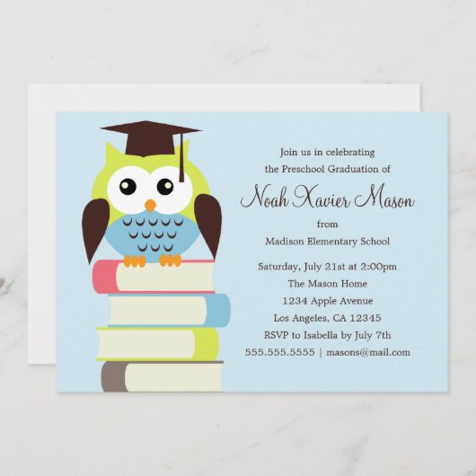 Kute Green/Blue Owl | Uitnodiging voor de graduati (Voorkant / Achterkant)