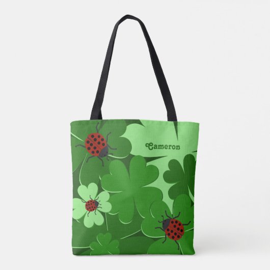 Kute Green Clover Leaves Ladybug Name Canvas tas (Achterkant)