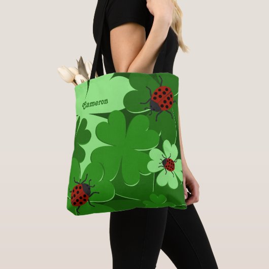 Kute Green Clover Leaves Ladybug Name Canvas tas (Dichtbij)