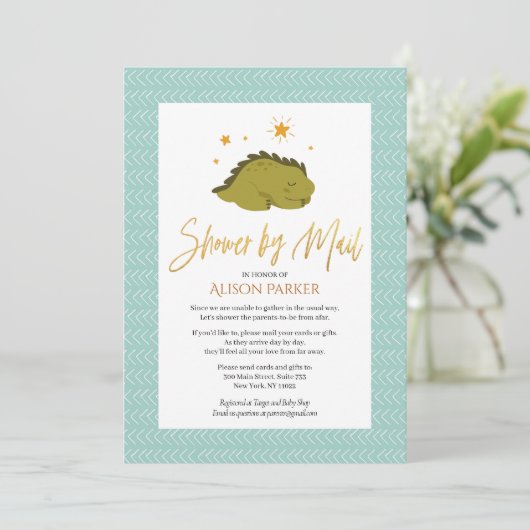 Kute Green Dinosaur Gold Script Shower by Mail Kaart (Staand voorkant)