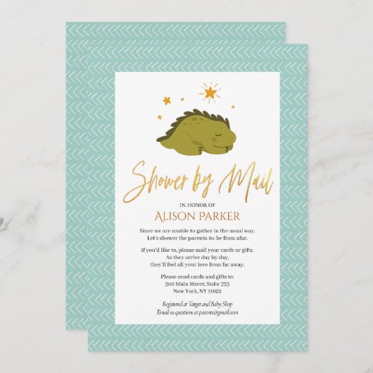Kute Green Dinosaur Gold Script Shower by Mail Kaart (Voorkant / Achterkant)