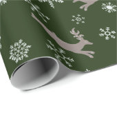 Kute Green Flying Reindeer Snowflakes Kerstmis Cadeaupapier (Rol Hoek)