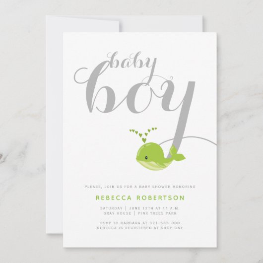 Kute green whale typografie baby douche kaart (Voorkant)