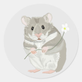 Kute Grey and White Hamster Holding a Flower Ronde Sticker